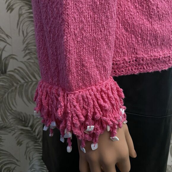 Vtg Cardigan Sweater Pink Fringe Mother Of Pearl Barbiecore Coquette feminine L - Picture 10 of 14